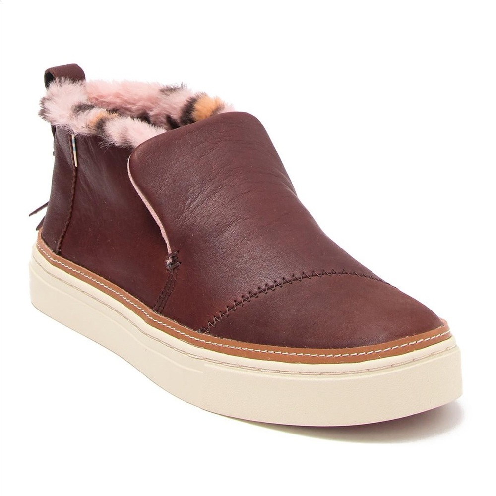 Toms Paxton Slip Ons Leather Brown/Faux Fur Cheetah Lining